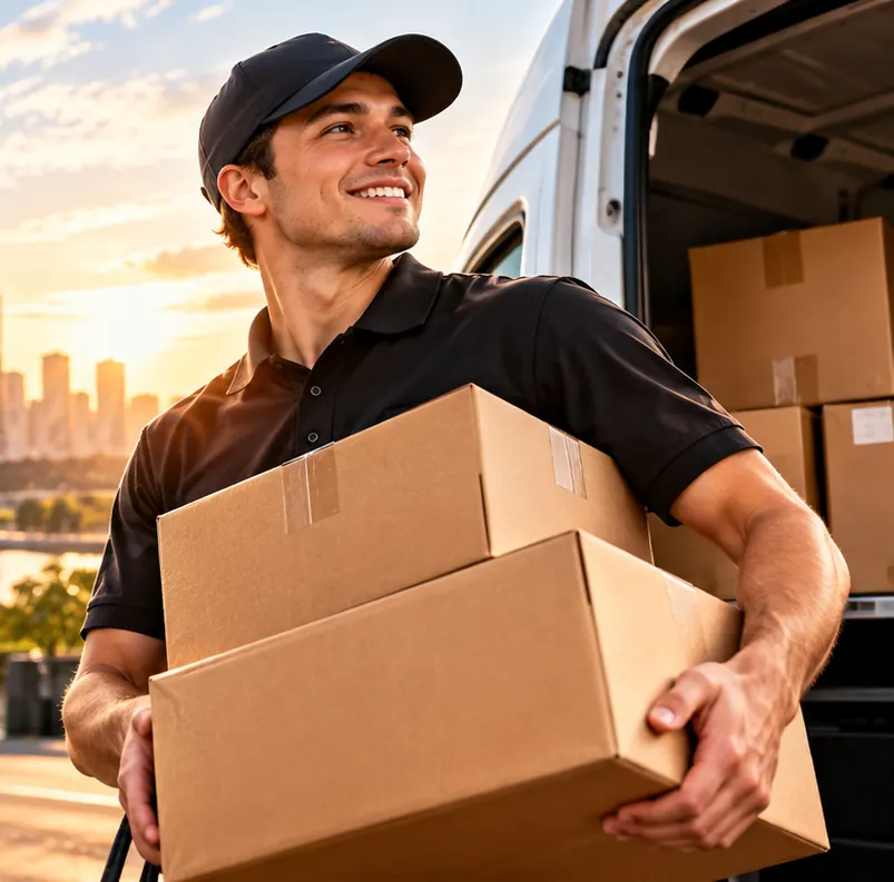 7GO courier carrying two parcels from a delivery van