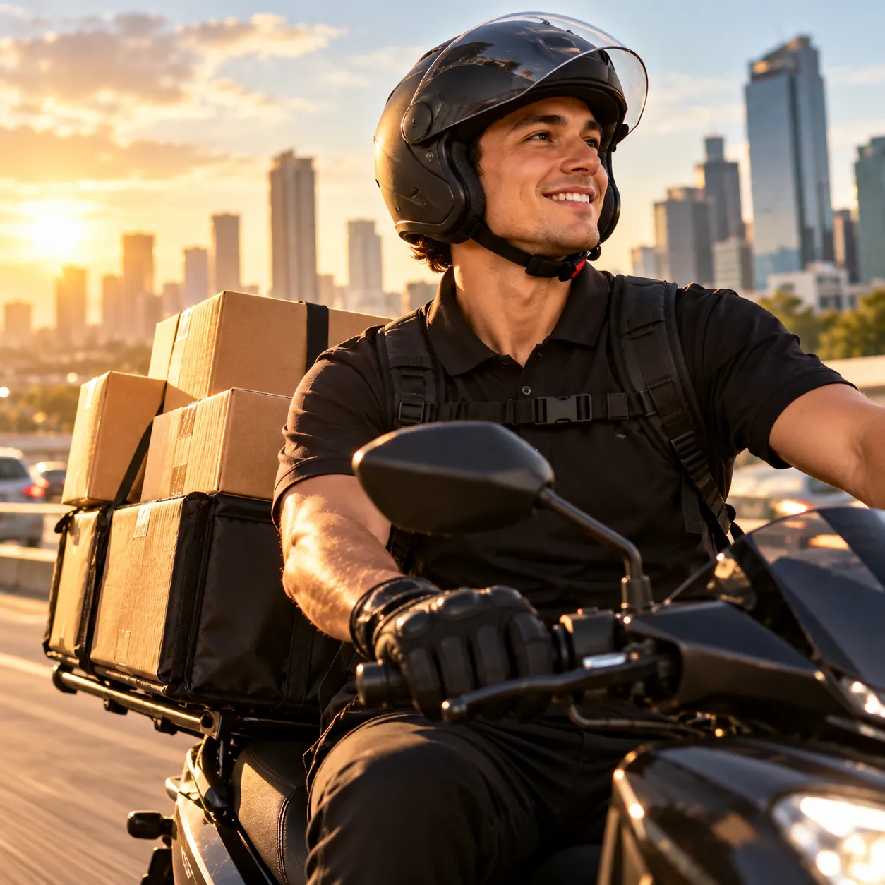 7GO courier riding through the city with parcels at sunset