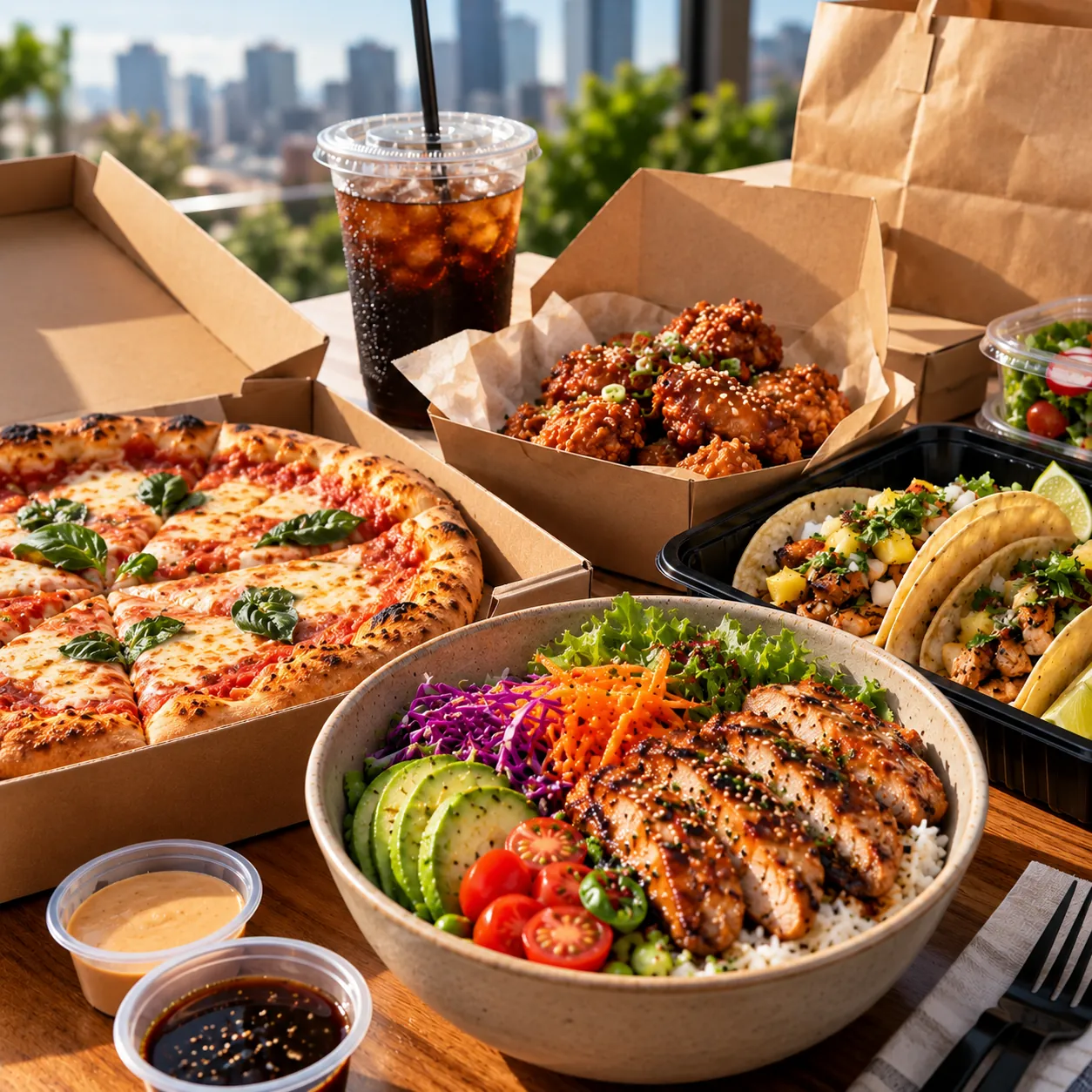 Pizza, a grilled chicken bowl, tacos and wings from local restaurants