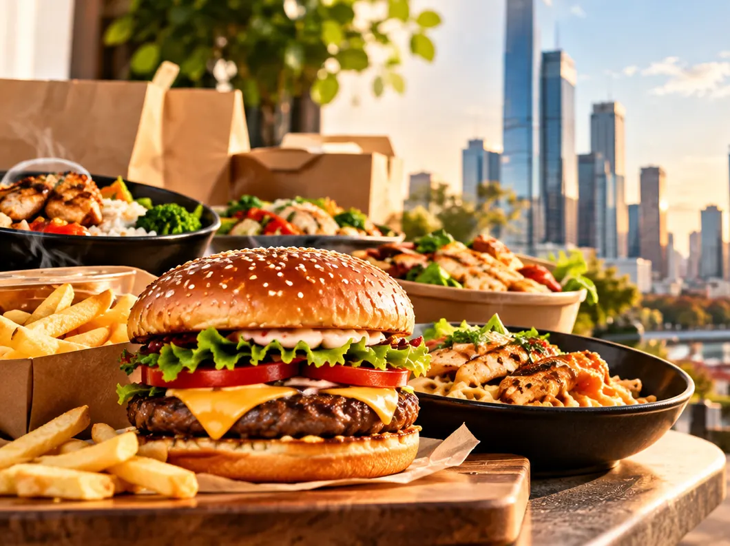 Burger, fries and grilled chicken bowls ready for delivery