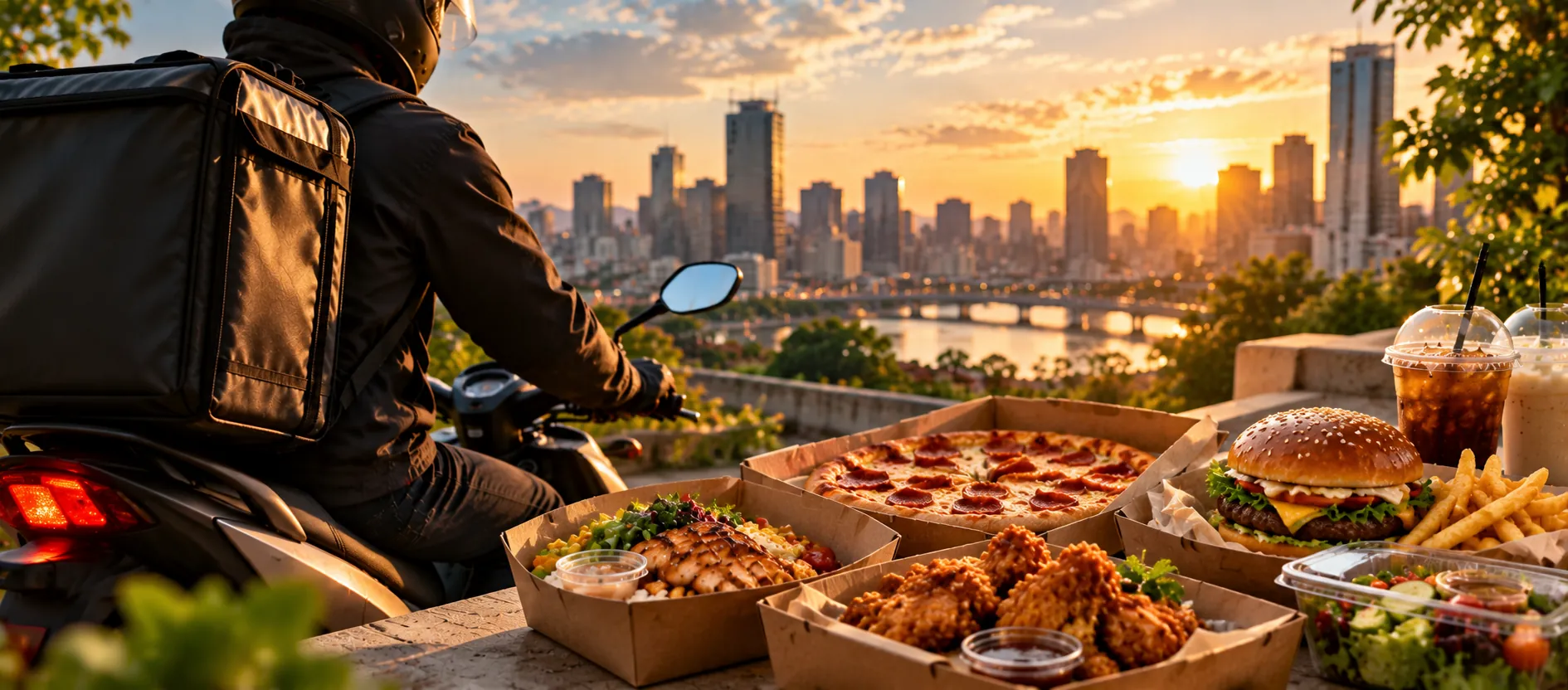 A 7GO rider beside pizza, burgers and fresh meals overlooking the city at sunset